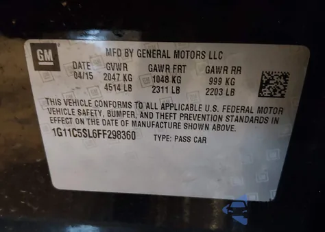 2015 Chevrolet Malibu 1Lt z USA, uszkodzony, nr VIN 1G11C5SL6FF298360